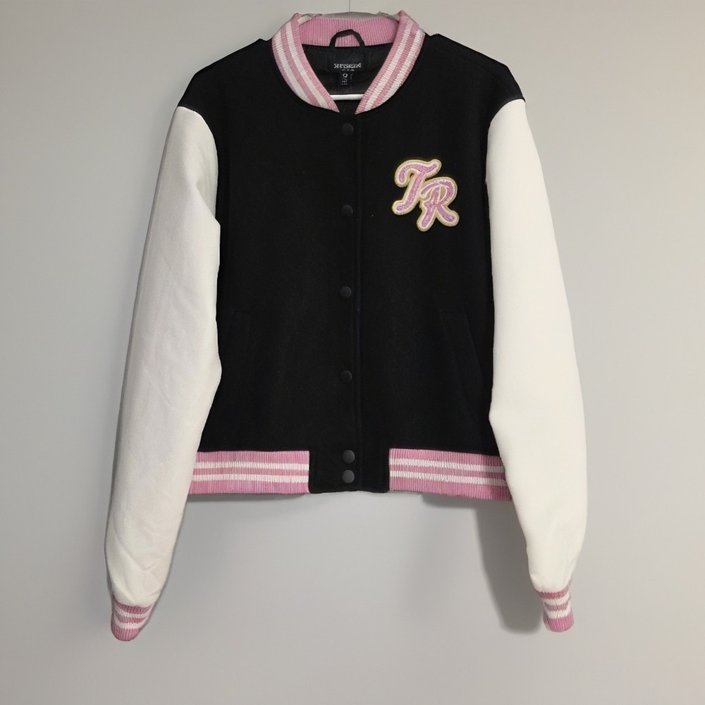 True Religion Women's Varsity Jacket Size L Black White TR Script Wool